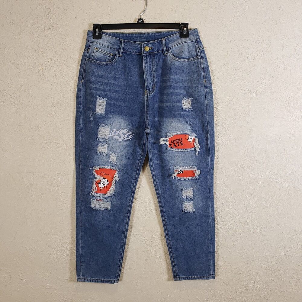 Osu Themed MOM Pants High Rise distressed patched Size L Cowboys Football